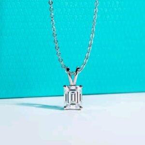 Moissanite Kalung Pria Wanita : Emerald Cut Pendant Necklace 925 Sterling Silver