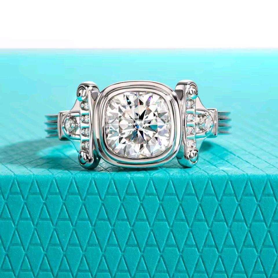 3716cce8a5d840c79e27a2dd38ad0789~ Moissanite Cincin Pria Wanita : 2ct Cushion D Color 925 Sterling Silver Ring Roman Column Retro - Image 2