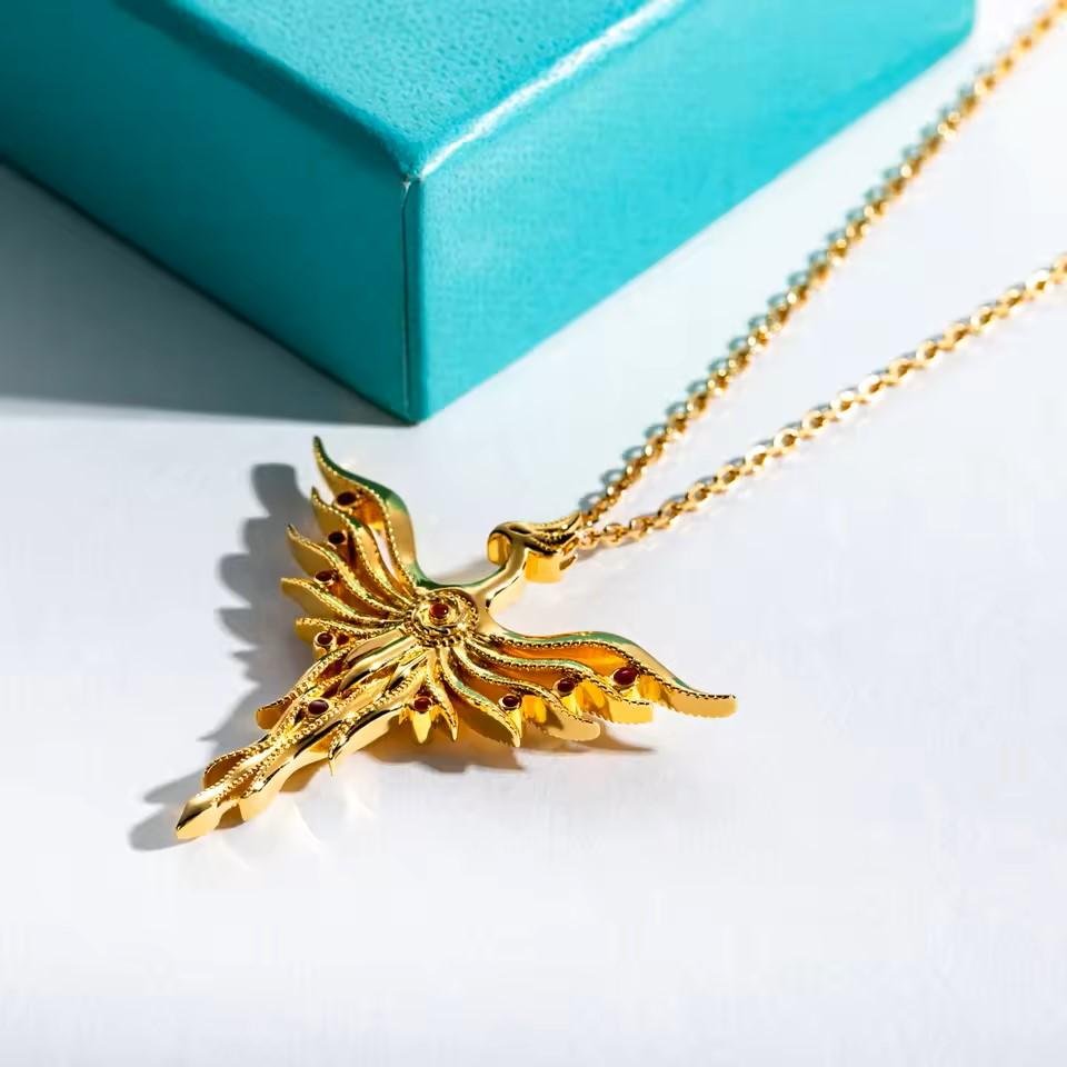 62fbaae34fd64d0b850f926a1ff84789~ Kalung Pria Wanita Phoenix Mythology Classic of Mountains and Seas 925 Sterling Silver Yellow Gold Plated Necklace Jewelry - Image 4
