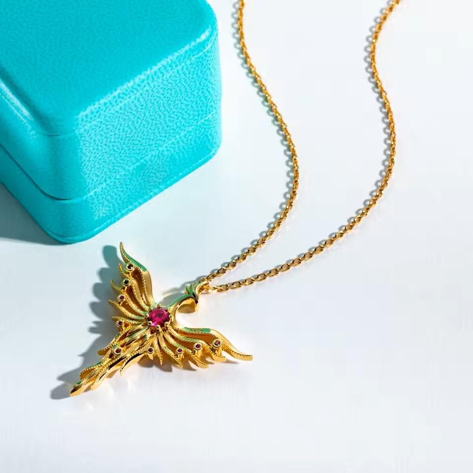 927a6b2efedf47d5ba91de11e26d6f6d~ Kalung Pria Wanita Phoenix Mythology Classic of Mountains and Seas 925 Sterling Silver Yellow Gold Plated Necklace Jewelry - Image 3