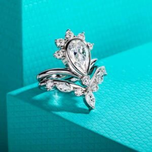 Moissanite Cincin Pria Wanita : 3ct Pear Cut D Color Crown Ring Set Silver