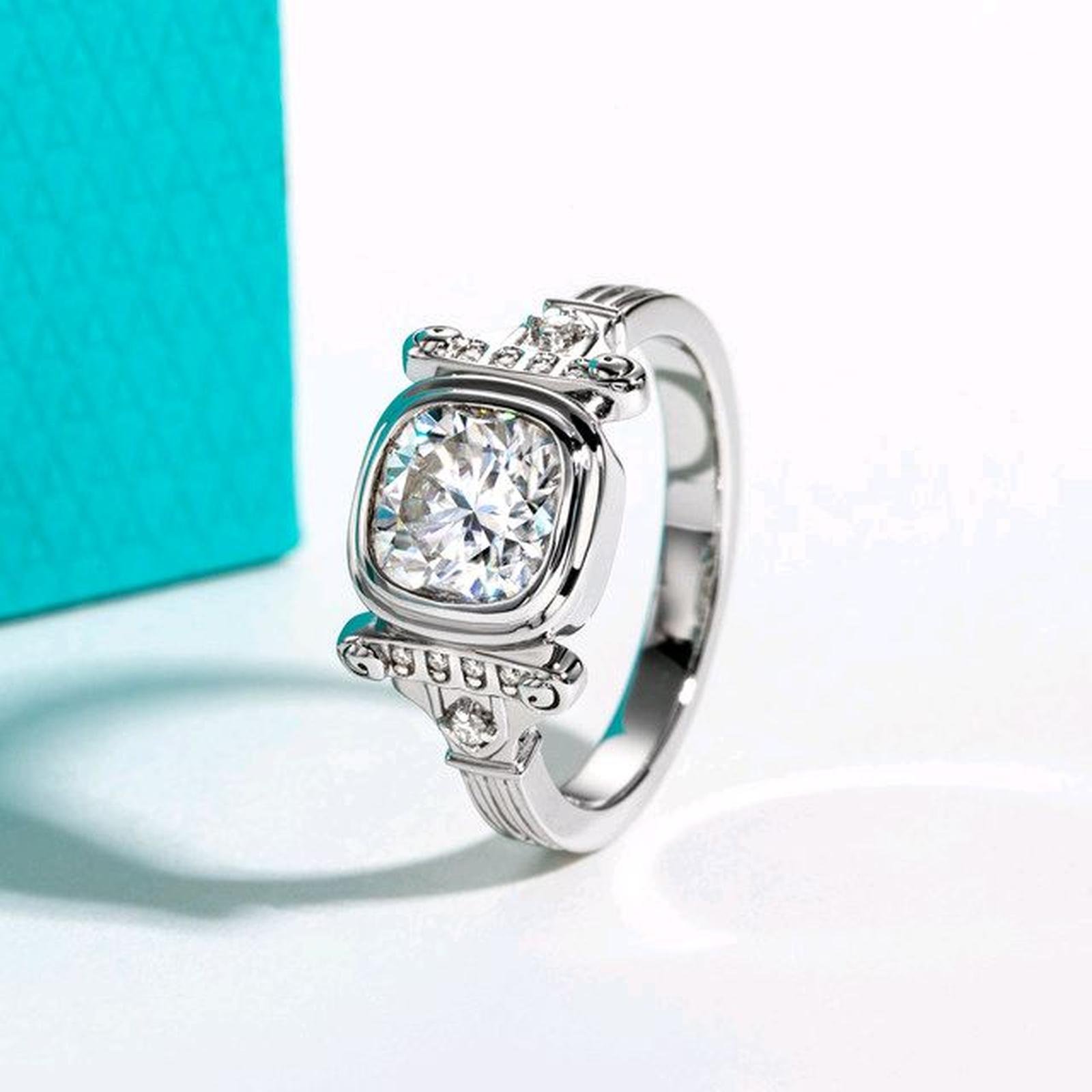 f02eb79a27334d05a7e79bca84710f3d~ Moissanite Cincin Pria Wanita : 2ct Cushion D Color 925 Sterling Silver Ring Roman Column Retro
